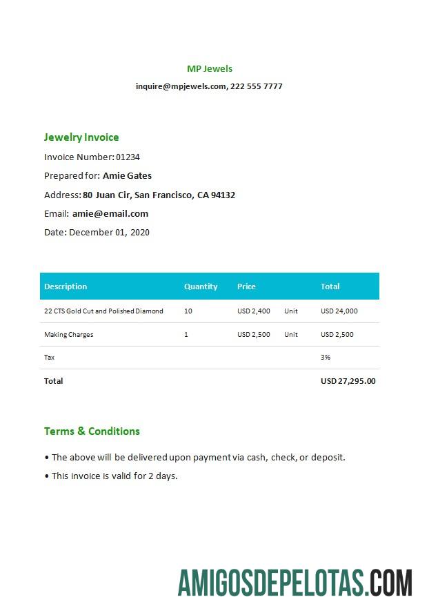 para download Modelo de fatura de joias